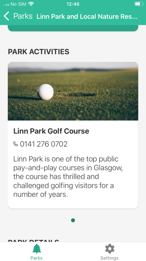 Screenshot of the activities available at Linn park.