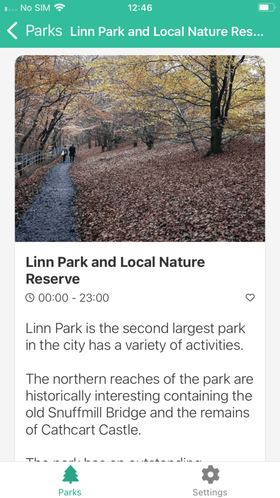 Screenshot of Linn Park's description and opening hours for that day.