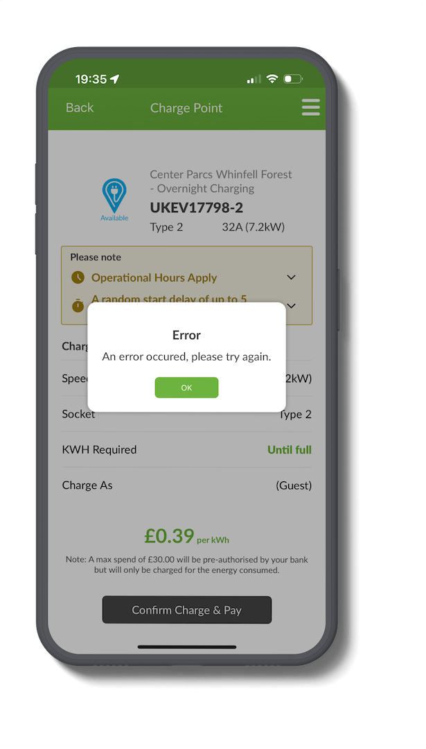 Error message displayed on Vend Electric mobile app