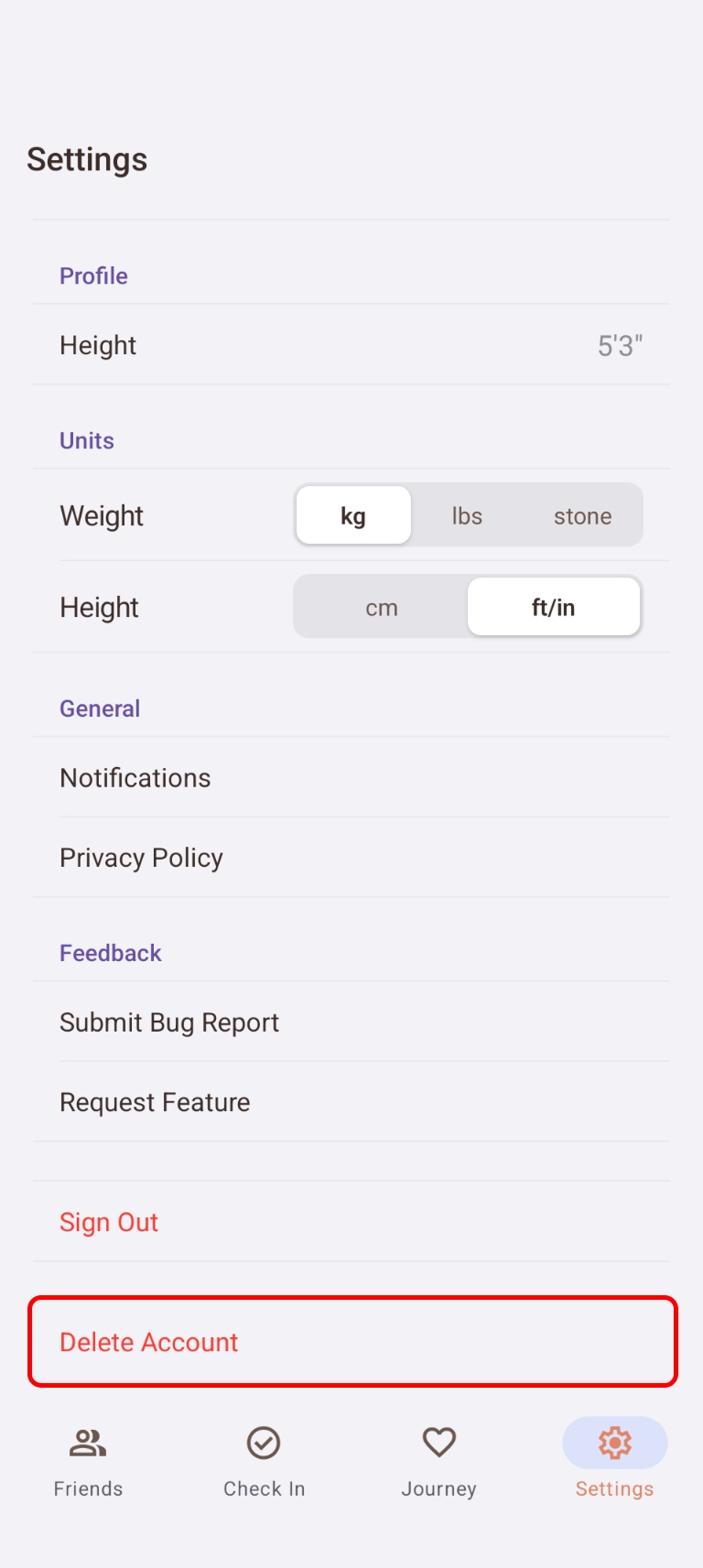 Delete Account button on the Settings screen