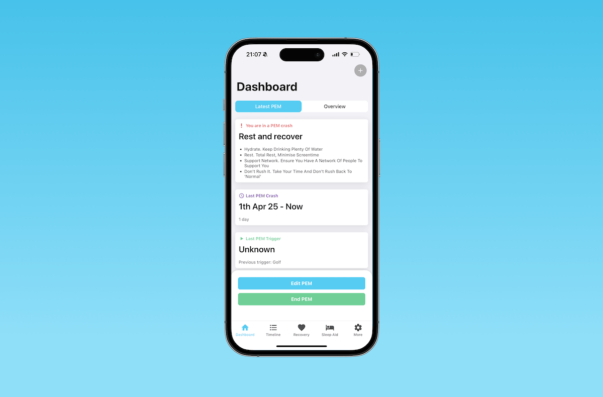 PEM Diary app Dashboard screen.
