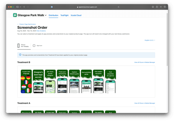 App store connect experiment screenshot